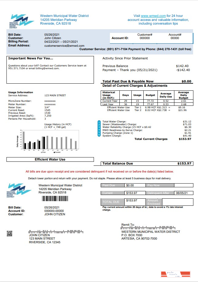 USA Western Municipal Water District utility bill template in Word and PDF format